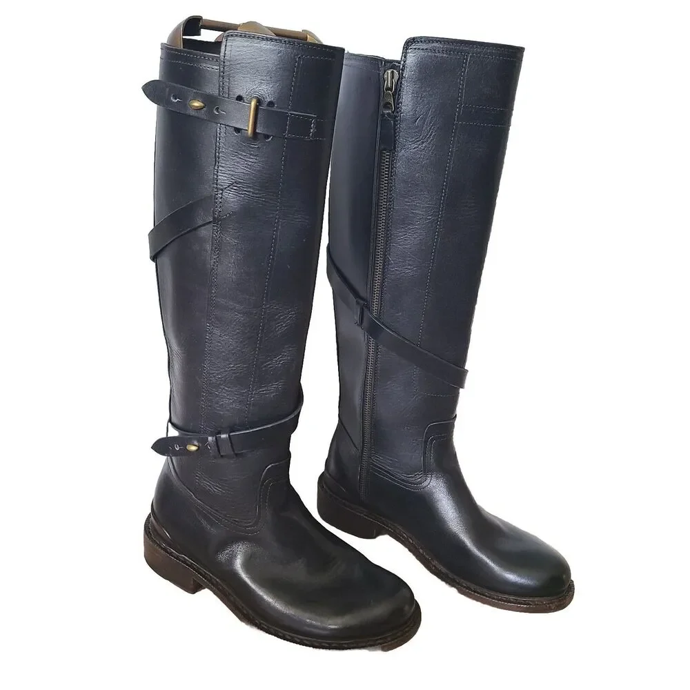 Rag & Bone Women Boots Black Leather Knee High Riding Biker EUR 36 / US 6 M